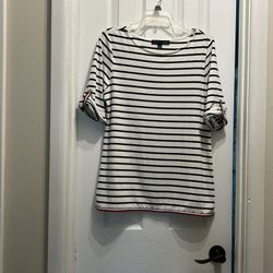 Women’s TOMMY HILFIGER Polyester, Viscose, Spandex, Navy & White Striped Short Sleeve Pullover Stretch Top… Medium