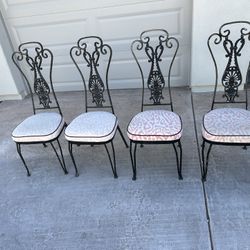Custom Wrought Iron Dining Chairs – Set of 4 – Ornate Scrollwork & Designer Upholstery