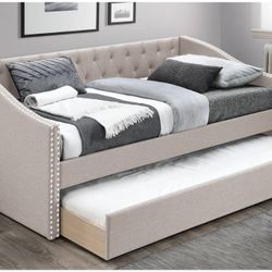 TWIN  DAY BED WHIT TRUNDLE MATTRESS SOLD SEPARATELY LIGHT BROWN BURLAP ☎️ 1714586,2564 