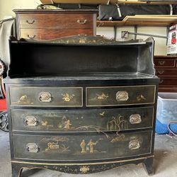 Chinoiserie Chest With Top Cabinet & Original Hardware Metal Pulls 