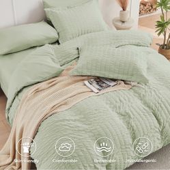 HYMOKEGE Light Green Twin XL Comforter Set Seersucker 5 Pieces, All Season Luxury Bed in a Bag for Bedroom, Bedding Set with Comforter, Sheets, Pillow
