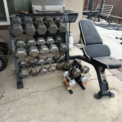 Dumbbells weights 8-60lbs plus rack and adjustable bench 766lbs total
