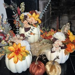 Nearly 1 Foot Tall Faux Fall Flowers White Pumpkin Vase