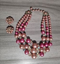Vintage Mid-Century Pink Multi-Strand Bead With Matching Clip-On Earrings Set
