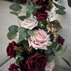 LINGS Moment Aisle Artificial Flowers, Burgundy & Pale Pink Roses with Eucalyptus, Wedding Ceremony Decoration, Birthday or Special Event Venue Decor