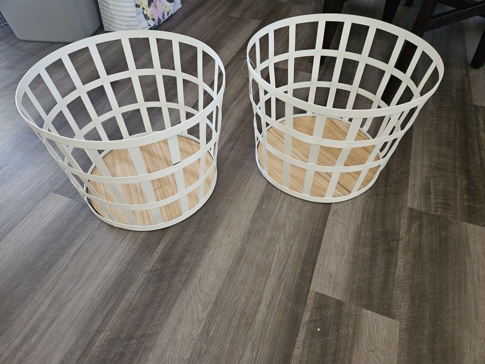2 New White Round Metal Storage Baskets With Wood Bottoms