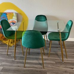 Emerald Green Gold Modern Velvet Glass Dining Set 
