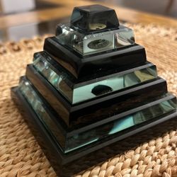 Vintage Pyramid Paperweight Black Teal Green Tiered Step Art Glass Etched