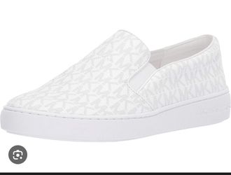 Michael Kors Women's Keaton Slip-On Bright White Mini MK Logo Coated Canvas/Nappa 7 M