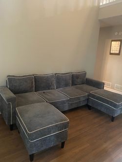 Grey Fabric 4-Seat Sofa with Two Ottomans