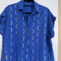 Women’s Blue Blouse with Gold Print – Size L