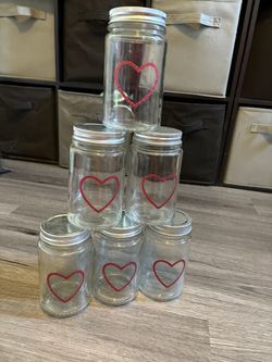 Set Of 6  Glitter Heart Glass Jars