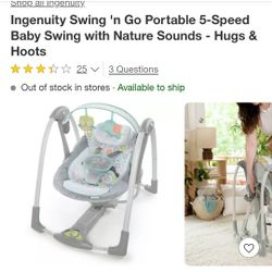 Ingenuity Swing 'n Go Portable 5-Speed Baby Swing with Nature Sounds - Hugs & Hoots