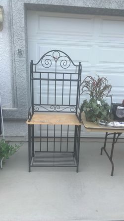Black Wrought Iron Baker's Rack with Wood Shelf