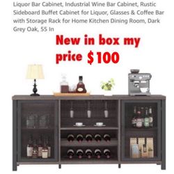New  in box Cabinet, Industrial Wine Bar Cabinet, Rustic Sideboard Buffet Cabinet for Liquor, Glasses & Coffee Bar with Storage Rack for Home Kitchen 