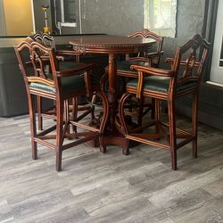 Vintage Teak Wood Dolphin Or Koi Figural Footed Bar Table With Matching Chairs One Of A Kind