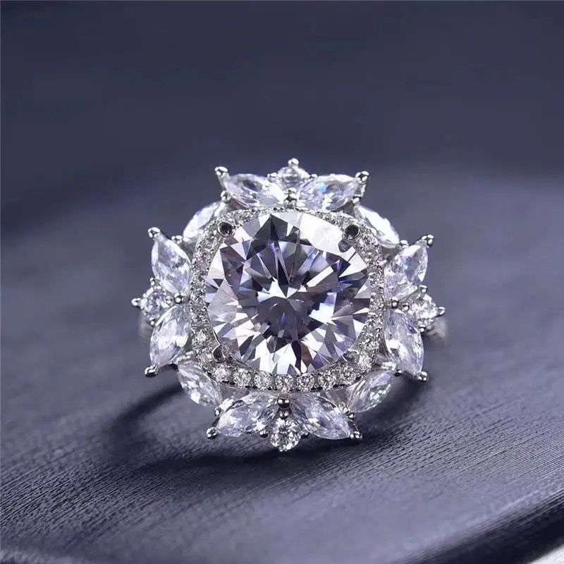 Sterling Silver 925 5CT Certified Moissanite Diamond π Pass Test Excellent Cut Sparkling Blossom Ring Size 8