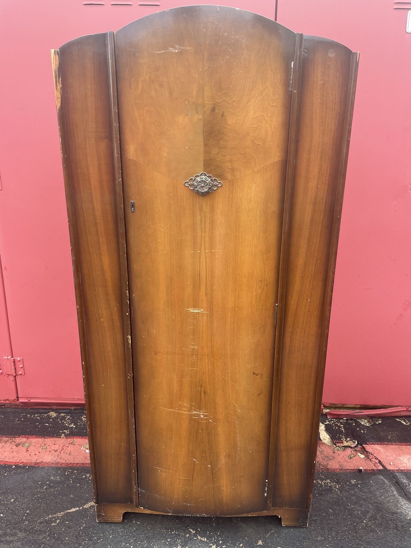 Vintage wood small wardrobe closet clothing rod shelves door cabinet armoire