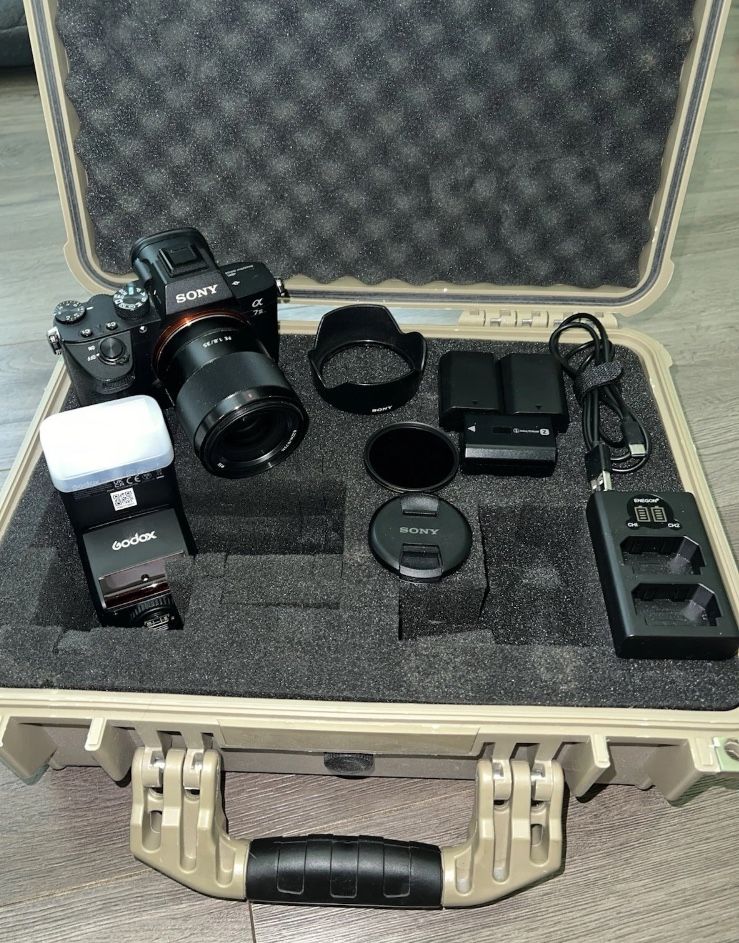 Sony Alpha A7 III Camera w/ Sony 35mm f/1.8 FE, Batteries, Godox Flash, & Case