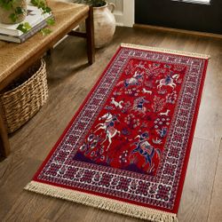 Vintage Persian Style Hunting Scene Rug 26” x 43” Entry Carpet Accent Decor Fringe Small 