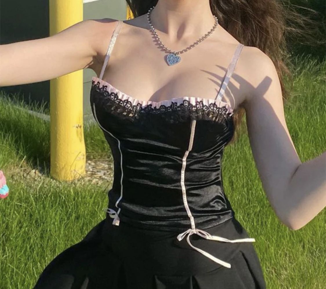 Corset Looking Black Top With Pink Bows At The Bottom