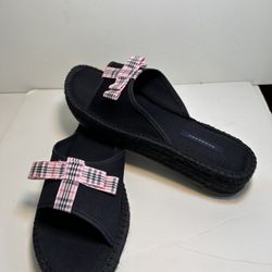 Burberry wedge platform sandal mule Black canvas & rope & rubber with pink & black logo bow size eur (41) US 10 M