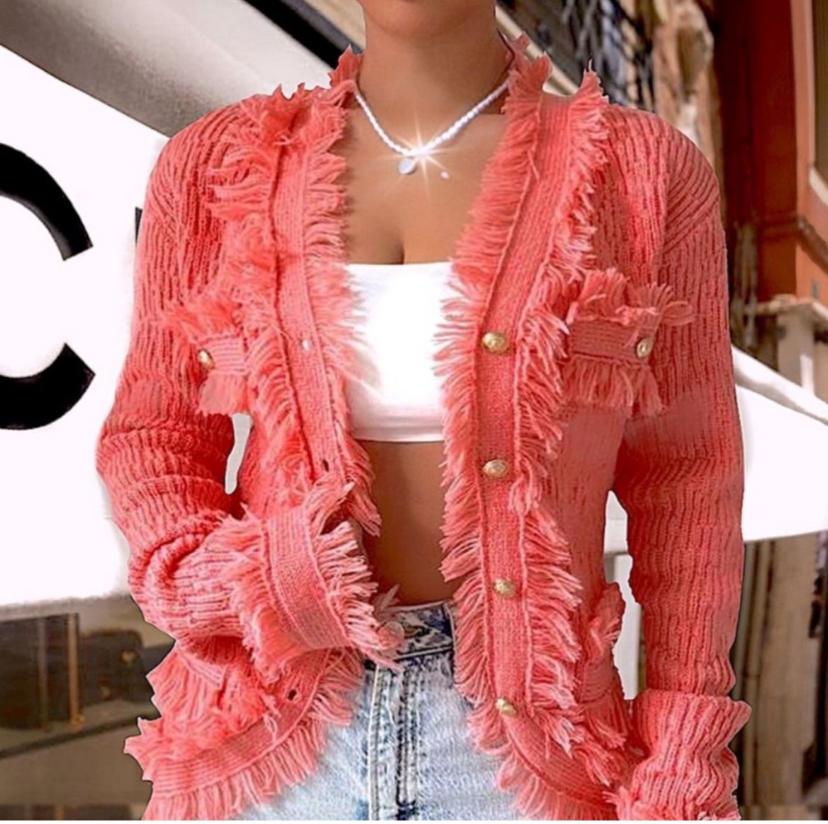 Nwt, Women’s Lavishly Paris Coral Fringed cardigan.