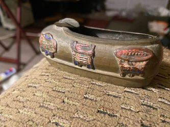 Vintage Brass Ashtray with Enamel Inlay Motifs