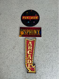 3 Arcade / Gaming Signs. PAC-MAN  / SPHINX /ARCADE. Man Cave. Pre Owned.