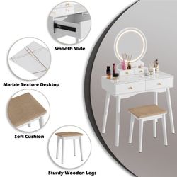 (NEW) Furmax Vanity Table with Lighted Mirror, Vanity Desk with Stool, Dressing Table with 4 Drawers, 