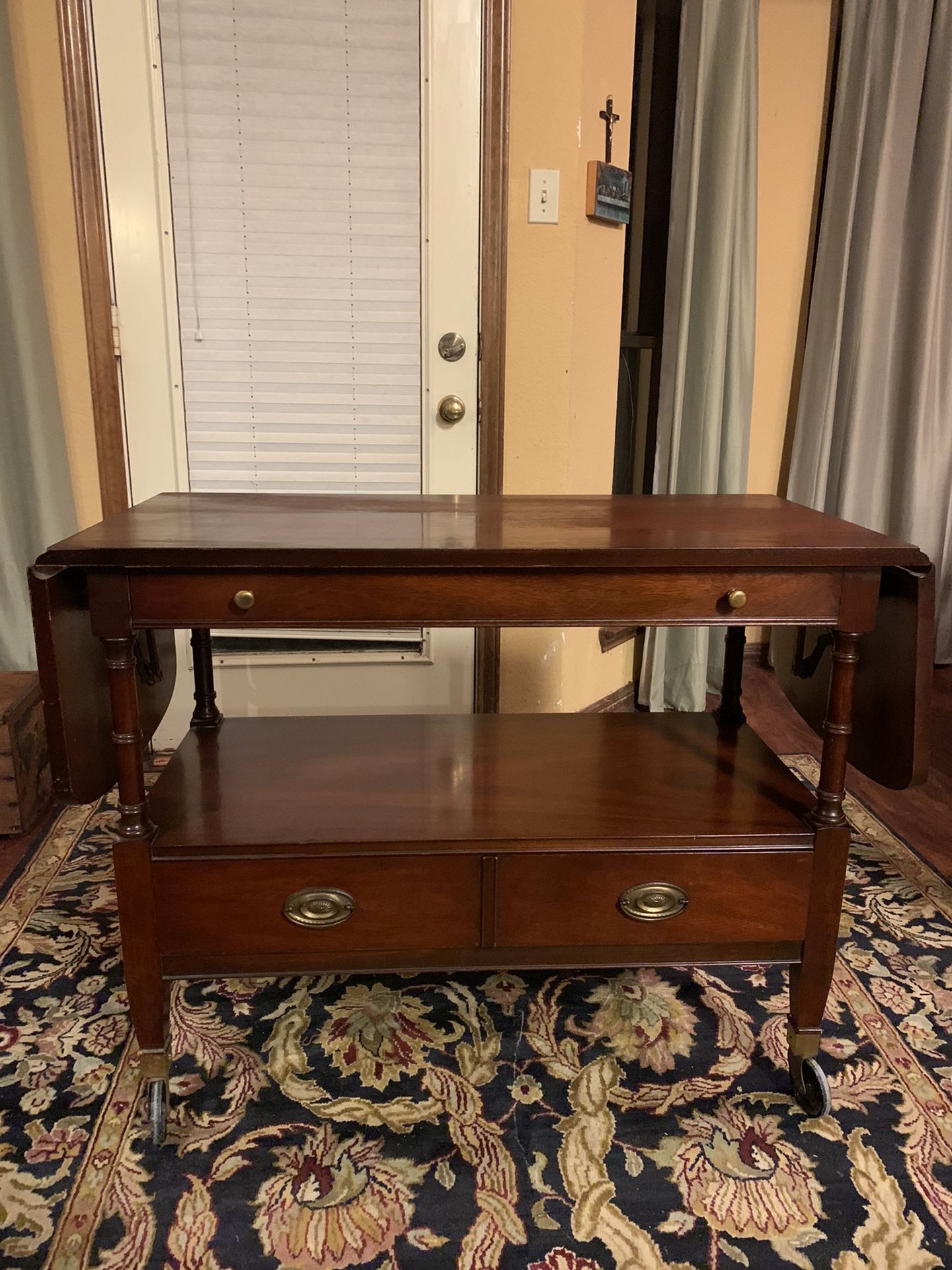 38x19x31 antique vintage all wood rolling drop leaf bar tea cart buffet server side table with 2 long drawers and shelf. Great condition. When the le