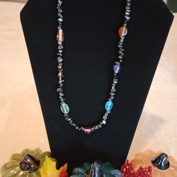 Hematite Polished Chip And Glass Bead Necklace