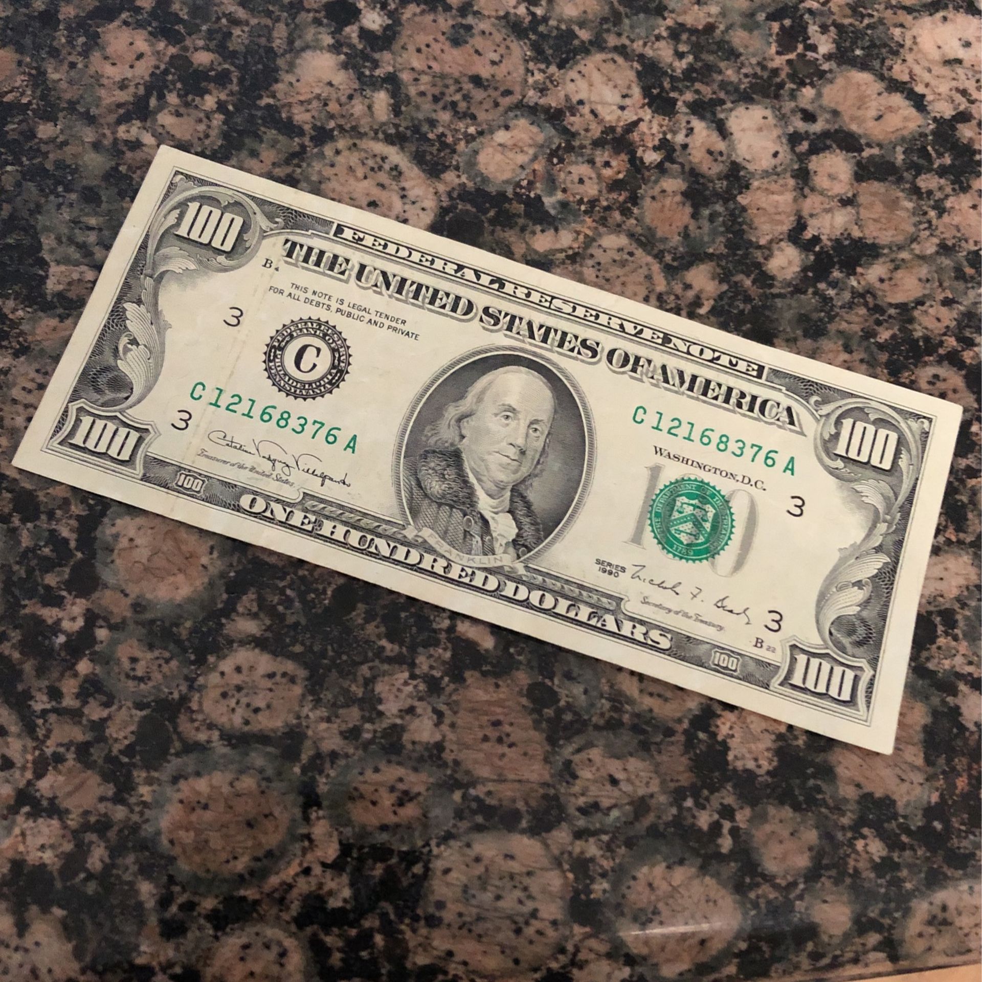 Vintage 1990 100 Dollar Note Old Style