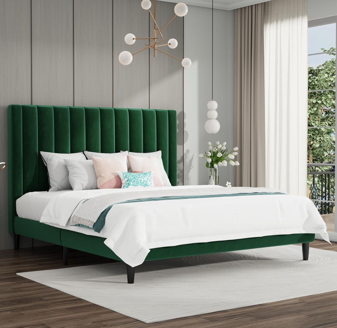 Velvet Upholstered Platform Bed Frame with Headboard, Green