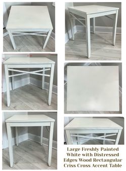 Large Freshly Painted White with Distressed Edges Wood Rectangular Criss Cross Accent Table