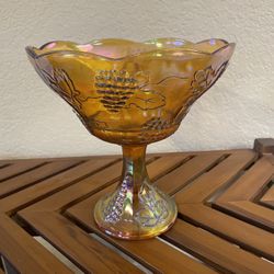 Vintage Harvest Grape Marigold Carnival Glass Pedestal Bowl