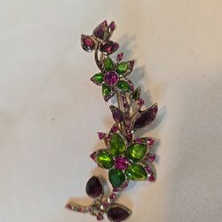 Vtg. Large Monet Flower Brooch/Pin Lime Green, Pinks & Red Rhinestones. Very Rare!