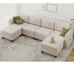 Beige Couch With 2 Ottomans 