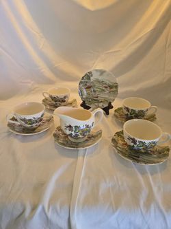 Vintage J&G Meakin England 'Welcome Home' Tea Set - Creamer, 4 Cups, 6 Saucers"