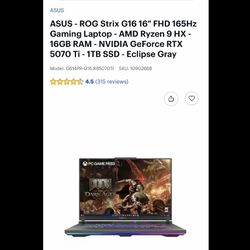 ASUS - ROG Strix G16 16" FHD 165Hz Gaming Laptop - AMD Ryzen 9 HX - 16GB RAM - NVIDIA GeForce RTX 5070 Ti - 1TB SSD - Eclipse Gray