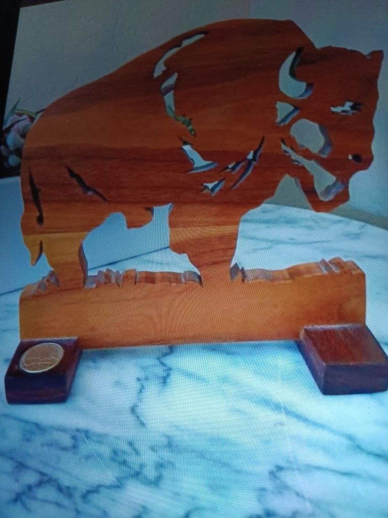 $6 Buffalo Shelf Sitter, Wood With Buffalo Nickle on Base. Signed