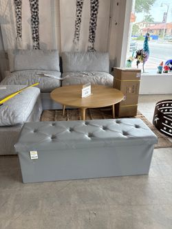 43” Faux Leather Storage Ottoman Bench Tufted Grey Modern Seating