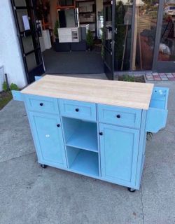 New Kitchen Island 44"in Rolling Island Cart Mobile Solid Wood Portable on Wheels with Storage Cabinet & Drawers, blue