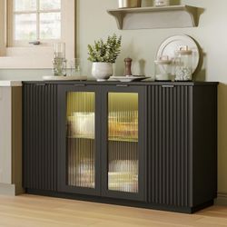 55" Sideboard Buffet Cabinet with Glass Doors, LED Lights, Fluted Credenza Storage Cabinet, Adjustable Shelves, Coffee Bar
