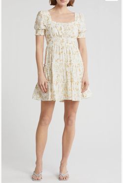 Women’s Yellow Floral Puff Sleeve Mini Dress