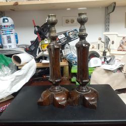 Vintage Wooden and Brass Candle Sticks Good Shape