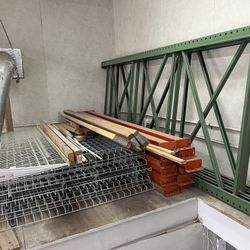 Teardrop Pallet Rack Setup! Green Uprights 10’ Tall 4’ Deep Orange Cross Beams 8’ and Wire Shelves. Price is for all (3) 10’x4’ Green Uprights  (12) 8