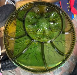 vintage Indiana Glass deviled egg and relish tray in the Avocado Green color.