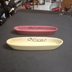 2PC Olive Tray Ceramic Purple & Light Green Oval Dishes " Olivia" Great For Olives & Other Small Appetizers 9"L X 2.25W X 1"D Handwash