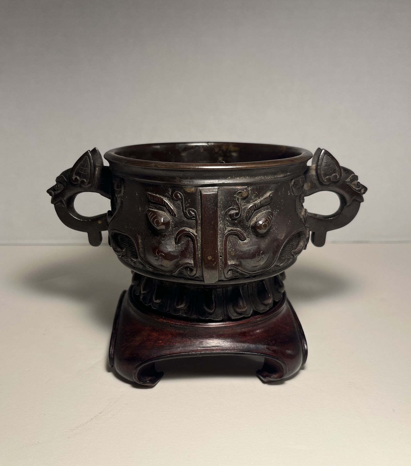 Antique Japanese Bronze Censer Incense Burner with Wooden Base